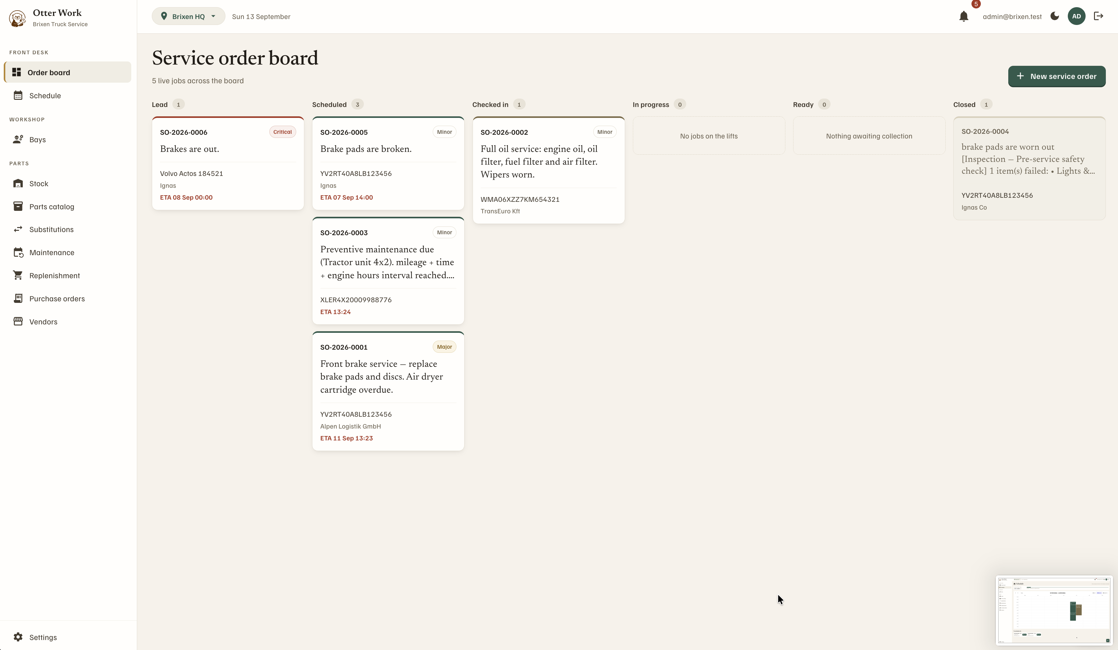 Service order board with jobs across Lead, Scheduled, Checked in, In progress, Ready and Closed columns