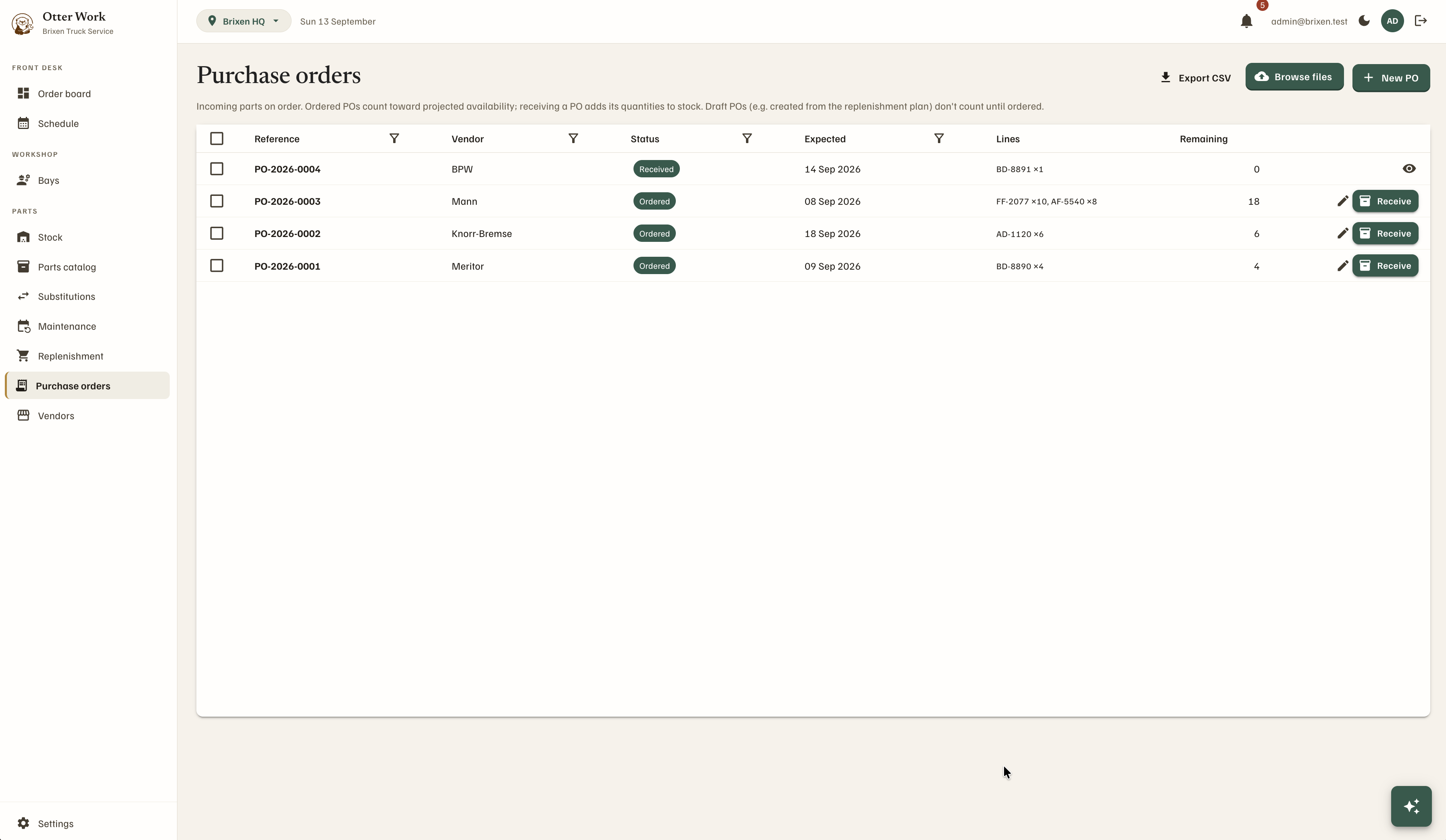 Purchase orders list with status, expected dates and receive actions