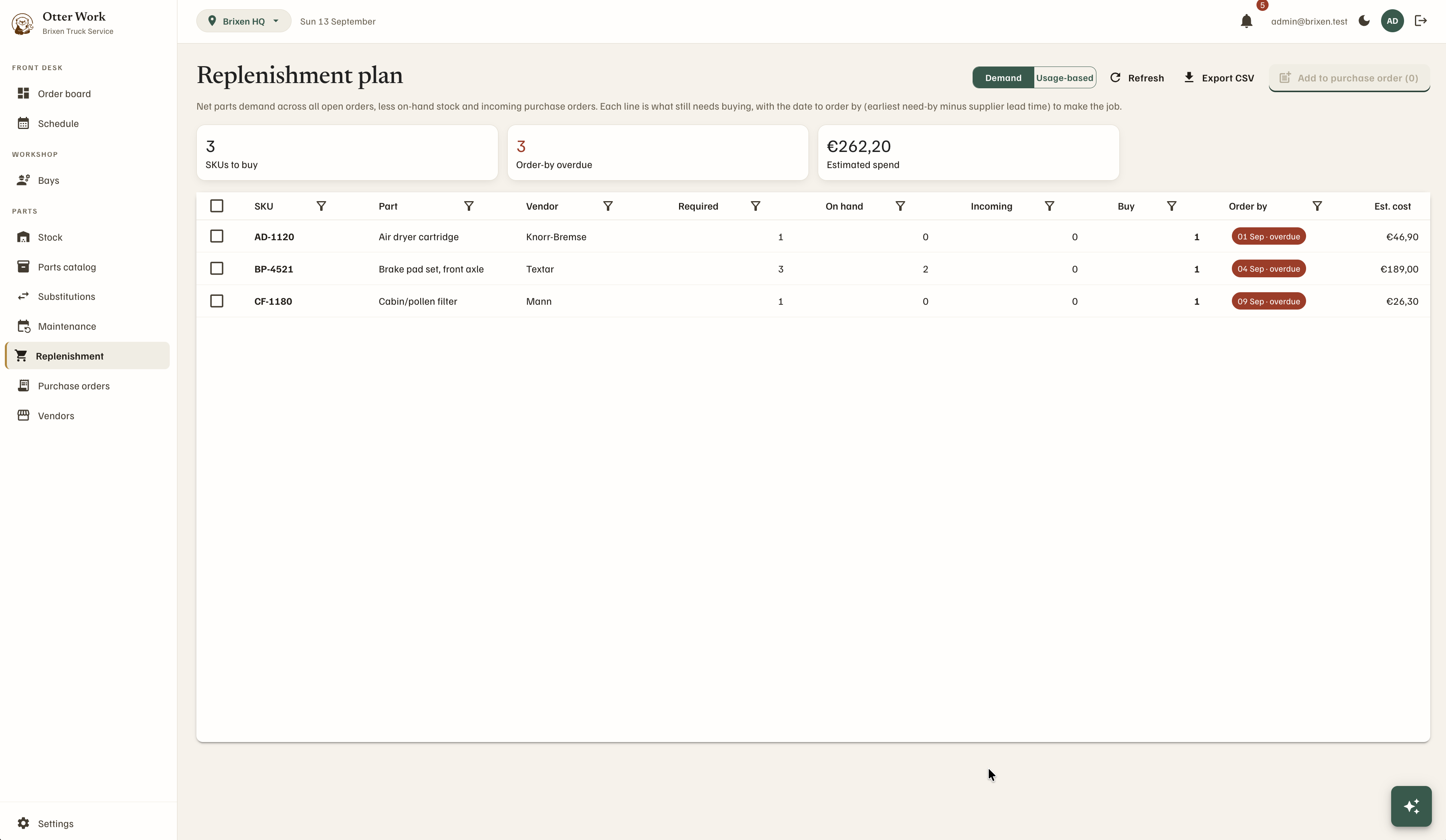 Replenishment plan listing SKUs to buy with order-by dates and estimated spend